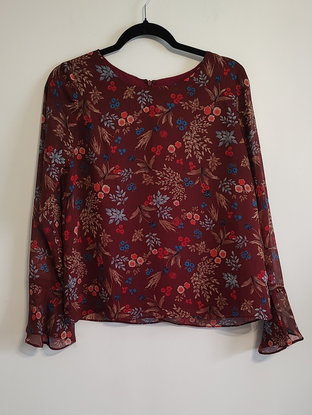 Everly Floral Long-Sleeve Blouse - Burgundy with Blue & Tan Accents